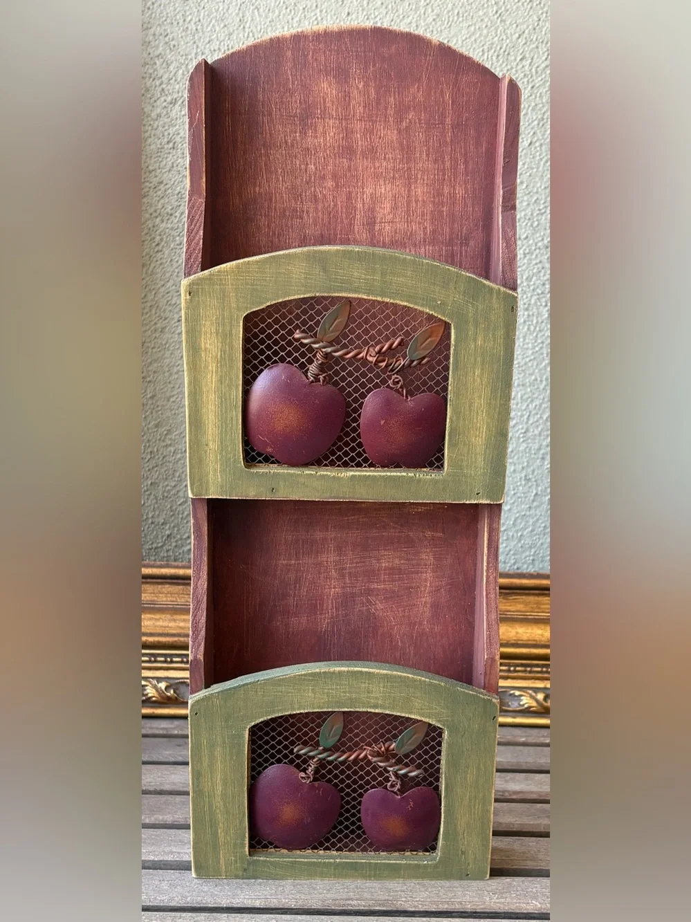 Rustic Red and Olive Double Apple motif Wall Shelf - Home Wall Decor